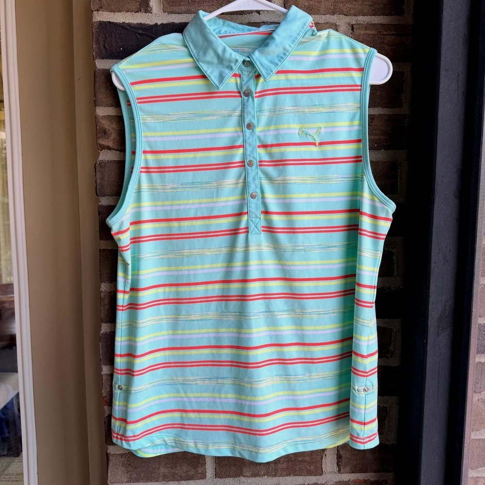 Puma Womens XL DryCell Sleeveless Golf Polo Shirt Aqua Blue Striped Snap Placket